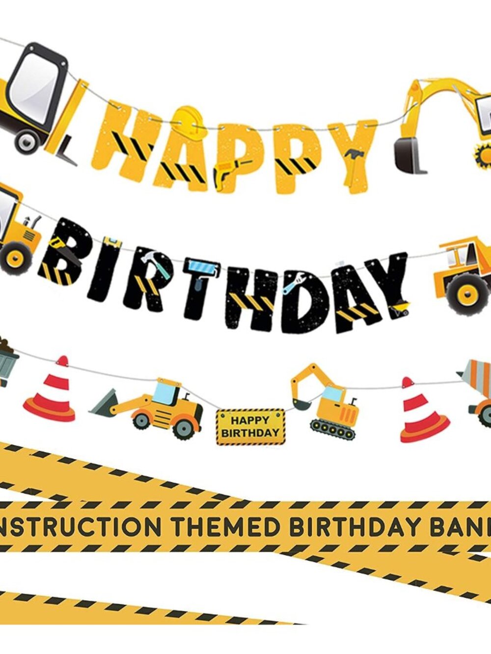 3 Packs Construction Happy Birthday Banner and Vehicle Truck Garland, Constructi